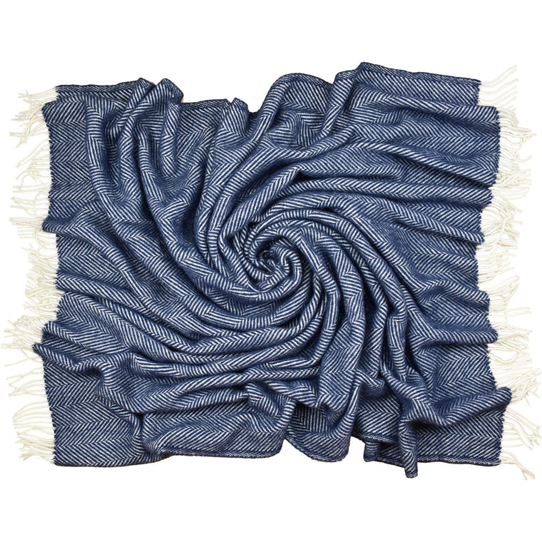 Highland Tweed Herringbone Pure New Wool Throw ~ Navy/White ~