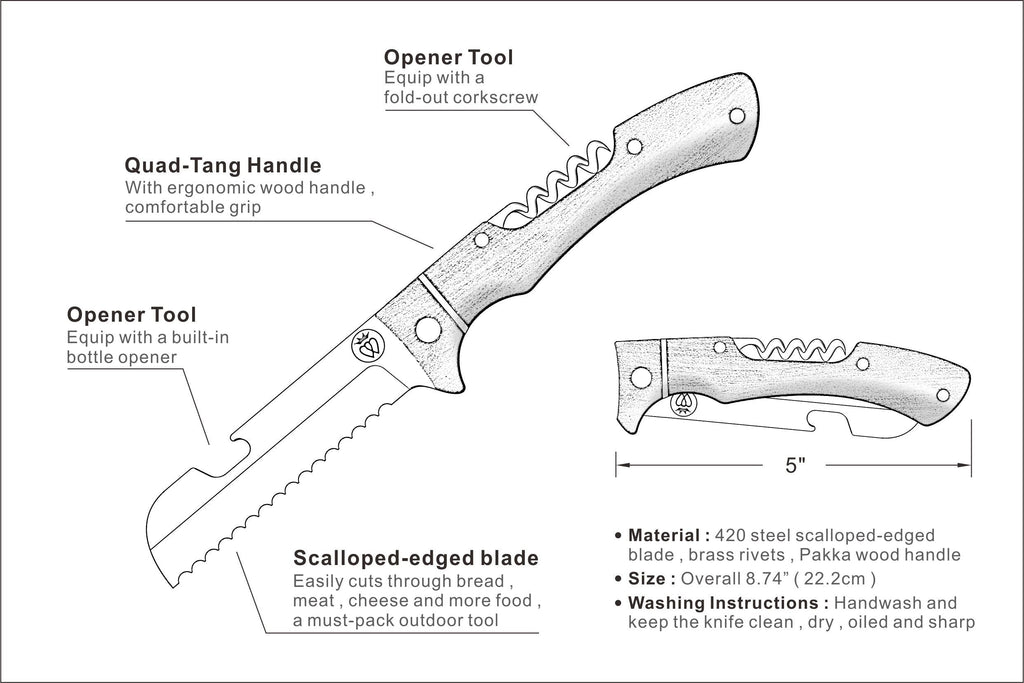 Prince of Scots Picnic Knife | Folding Knife | Premium Steel, Wine & Bottle Opener, Scalloped Edge Blade, Large Handle-Barware-00810032752576-PicnicKnife-Prince of Scots